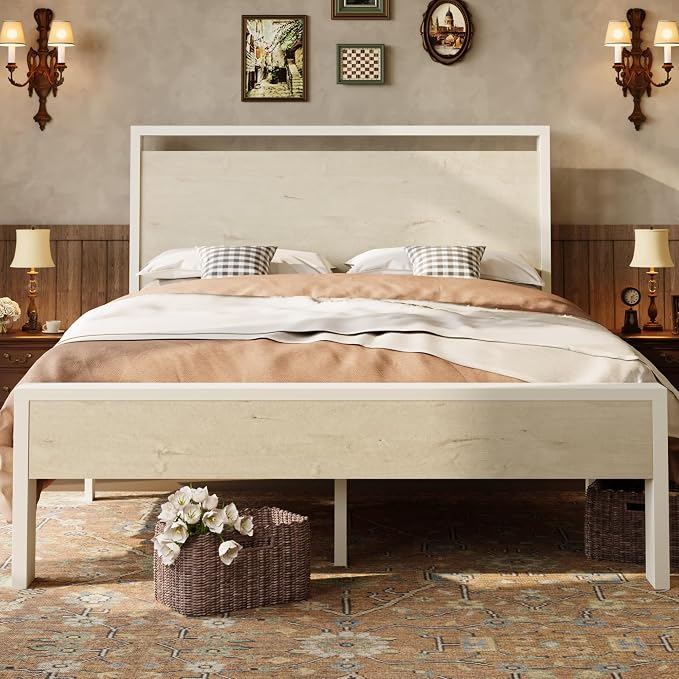 SHA CERLIN 14 Inch Queen Metal Platform Bed Frame with Wooden Headboard and Footboard, No Box Spring Needed, Large Under Bed Storage, Heavy Duty Slats Support, White Washed Oak