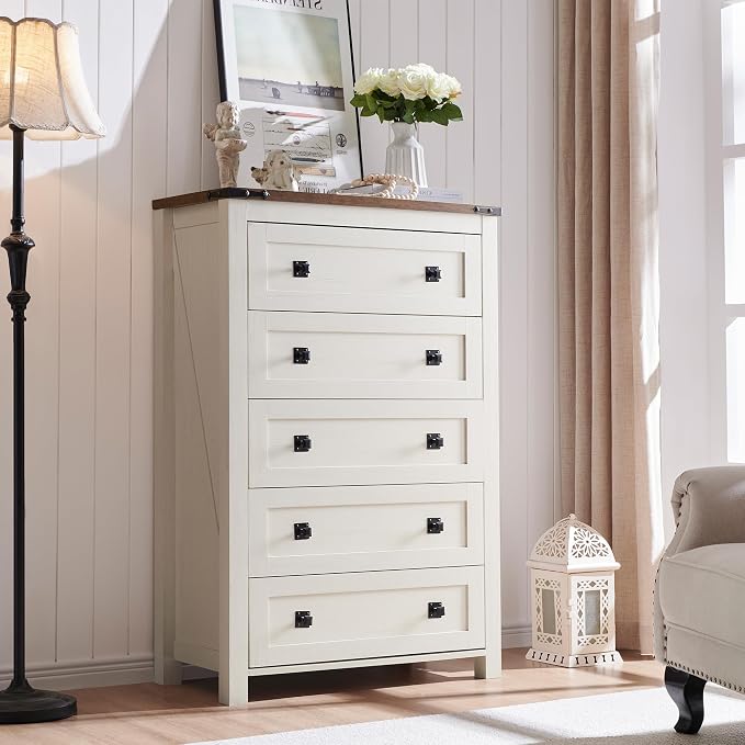 T4TREAM 48" Tall Farmhouse 5-Drawer Dresser for Bedroom, Antique White | Rustic chests of drawers, Wood Storage Cabinet, Metal Handle, Unique Corner Accent, Bedroom, Living Room, Hallway