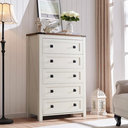 T4TREAM 48" Tall Farmhouse 5-Drawer Dresser for Bedroom, Antique White | Rustic chests of drawers, Wood Storage Cabinet, Metal Handle, Unique Corner Accent, Bedroom, Living Room, Hallway