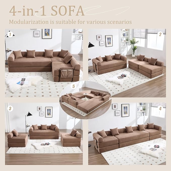 106" Oversized Convertible Sleeper Sofa Bed, Corduroy L Shape Sectional Couch, Folding Sofa Bed with Side Pocket, Modern Cloud Floor Mattress Couch, Modular Sofa for Living Room, Brown