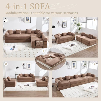 106" Oversized Convertible Sleeper Sofa Bed, Corduroy L Shape Sectional Couch, Folding Sofa Bed with Side Pocket, Modern Cloud Floor Mattress Couch, Modular Sofa for Living Room, Brown