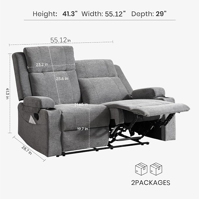 55" RV Loveseat Recliner – Space-Saving Double Reclining RV Sofa, Compact Theater Seating with Cup Holders & Storage Pocket, Grey Chenille Couch for Camper, Motorhome & Home Theater