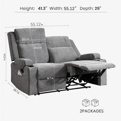 55" RV Loveseat Recliner – Space-Saving Double Reclining RV Sofa, Compact Theater Seating with Cup Holders & Storage Pocket, Grey Chenille Couch for Camper, Motorhome & Home Theater