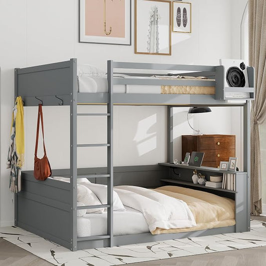 RUNNA Queen Bunk Bed with Shelves,Storage Box,LED,USB Charging,Grey | Queen bunk bed with shelves,storage box,LED light,USB charging,solid wood frame, guardrails, no box spring needed,Grey