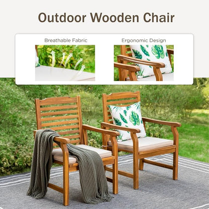 PHI VILLA 7pc Outdoor Dining Set, Expandable Wood Table w/Umbrella Hole | Acacia wood teak patio furniture set for 6. Perfect for patio, deck, porch, backyard. Chairs with cushions.