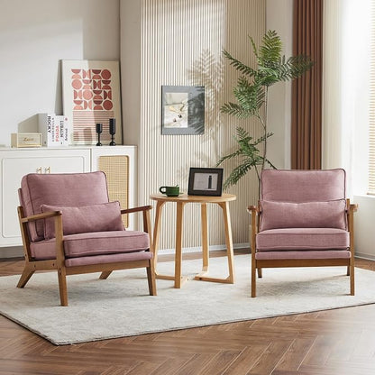 Karl home Mid-Century Lounge Accent Chair, Pink | Wide Curved Armrest, Linen Fabric, Lumbar Pillow Included, Solid Wood Frame, For Living Room, Bedroom, Balcony, Apartment
