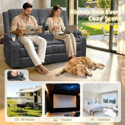 Yolsali Loveseat Recliner Sofa, Manual Reclining Loveseat with Removable Armrest, Dutch Velvet Recliner Loveseat for Adults with 2-Tier Cushions, USB Charging Ports, Cup Holders - Grey