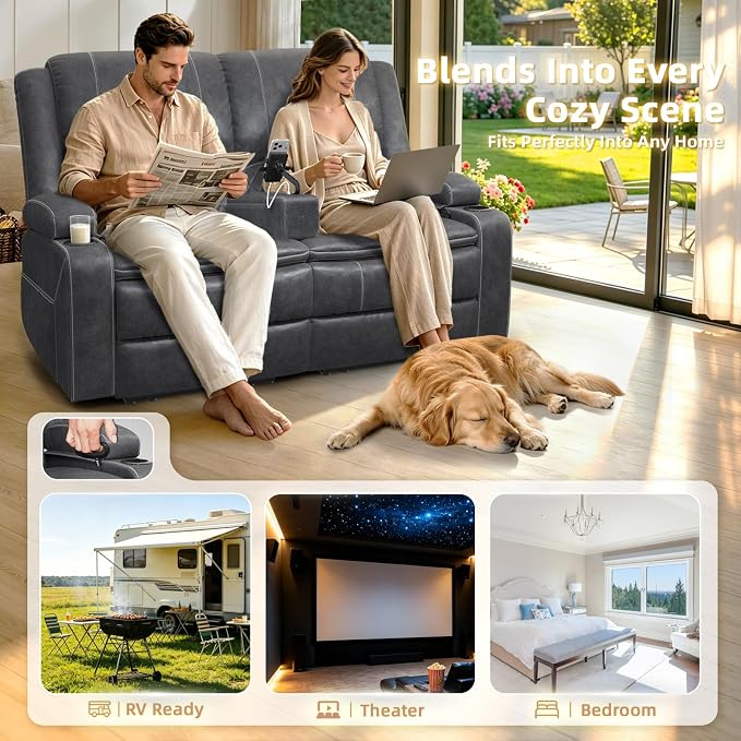Yolsali Loveseat Recliner Sofa, Manual Wall Hugger Reclining Loveseat with Removable Armrest, 2-Tier Cushions, USB Ports & Cup Holders, RV Couch for Travel Trailers/Living Room, Velvet Gray