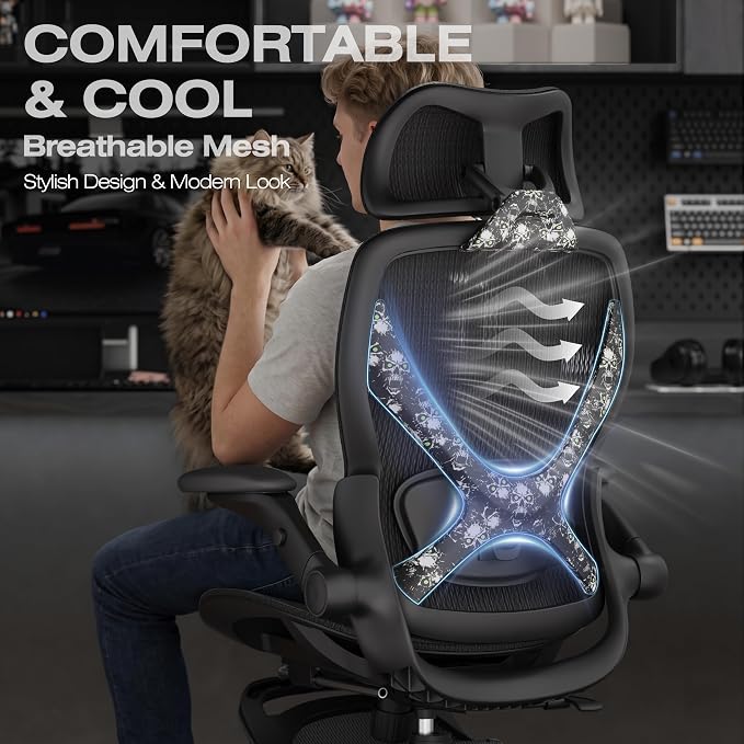 ELABEST X100 Ergonomic Mesh Office Chair with Footrest, Big and Tall Home Desk Chair with 5D Flip-Up Arms, Adjustable 3D Lumbar Support, Gaming & Executive Computer Chair, Night Reaper