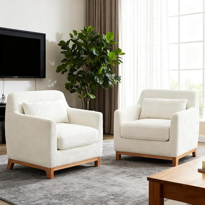 VANOMi 31"W Living Room Accent Chairs Boucle Chair for Bedroom, Cream White | Oversized Armchair with Thick Cushion Reading Chairs for Living Room, Apartment