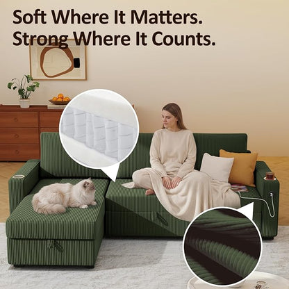 Ball & Cast 80" Sectional Sleeper Sofa Bed Pull Out Couches for Living Room | L Shaped Convertible Pull Out Sofa Bed with Storage Chaise, Foldable Table, USB Port, Cup Holder, Side Pocket for Small Space