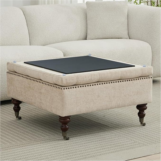 Large Square Storage Ottoman Uphlostered Tufted Button Coffee Table, Oversized Footrest Bench with Castered Rolling Wheels for Living Room, Light Brown Chenille Waterproof