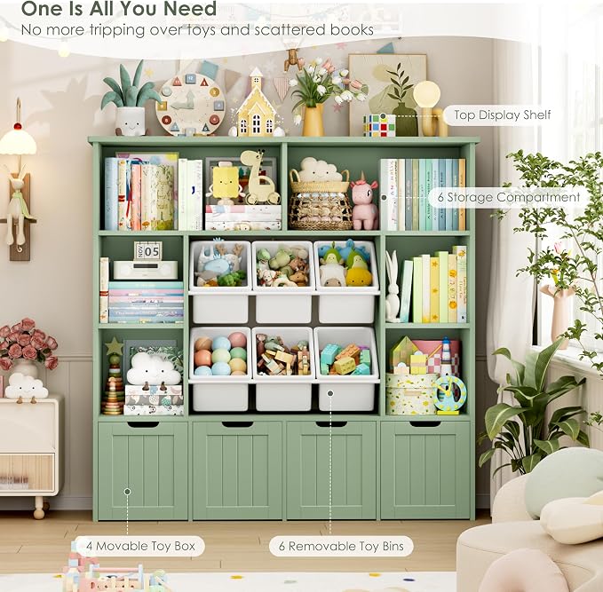 FINETONES Toy Storage Organizer with 6 Toy Bins, Large Toy Organizers and Storage with 4 Movable Drawers and 6 Storage Cubbies, Kids Toy Storage and Toy Chest for Playroom and Kids Room, Green | Toy Storage Organizer and Kids Bookshlef with Toy Bins