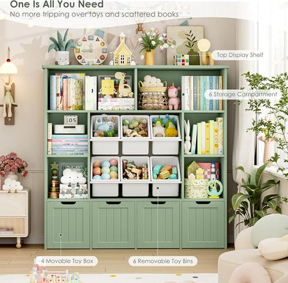 FINETONES Toy Storage Organizer with 6 Toy Bins, Large Toy Organizers and Storage with 4 Movable Drawers and 6 Storage Cubbies, Kids Toy Storage and Toy Chest for Playroom and Kids Room, Green | Toy Storage Organizer and Kids Bookshlef with Toy Bins