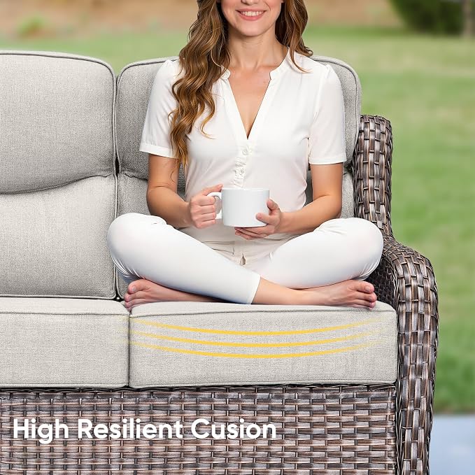 Luxury Patio Sofa 3-Seat Wicker Couch with 6" Thick Cushion - Outdoor Furniture Rattan Sofa with Deep Seating High Back Outdoor Sofa for Patio Garden Balcony Sunroom Backyard, Brown | Beige