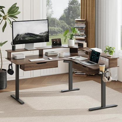 MALOL 59" L Shaped Electric Standing Desk with Drawers, Height Adjustable Desk with Power Outlets & LED Lights, Monitor Stand, Corner Computer Desk for Home Office, Walnut