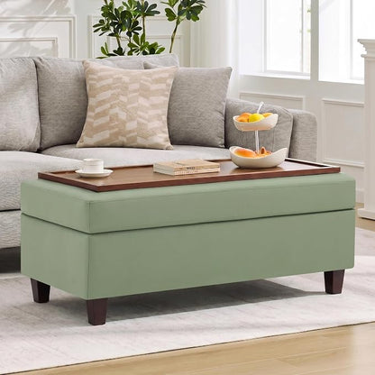 45" Faux Leather Storage Ottoman Bench with Wooden Tray, Sage Green Large Upholstered Foot Stool, Multifunctional Coffee Table Storage Bench with Solid Wood Legs for Living Room Bedroom Entryway