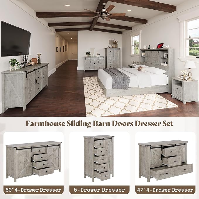 AMERLIFE 3-Piece Farmhouse Bedroom Set, King Size Bed with Sliding Barn Doors & Bookcase Headboard, 5-Drawer Tall Dresser, 4-Drawer Wide Dresser, Light Rustic Oak