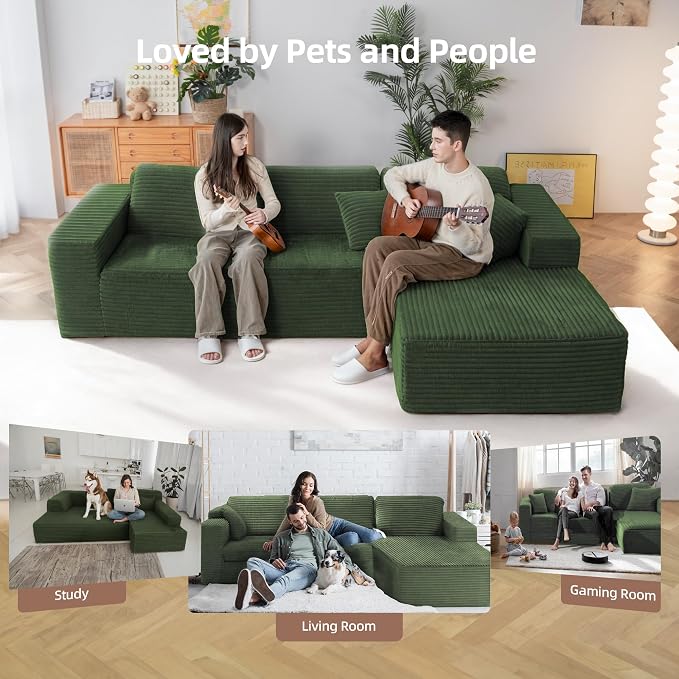 Claiks 110" Boneless Couch, Cloud Couch Sectional, L-Shape Corduroy Modular Sectional Sofa Deep Seat, Upholstered Couches for Living Room, No Assembly Required, Green, Right Facing Chaise