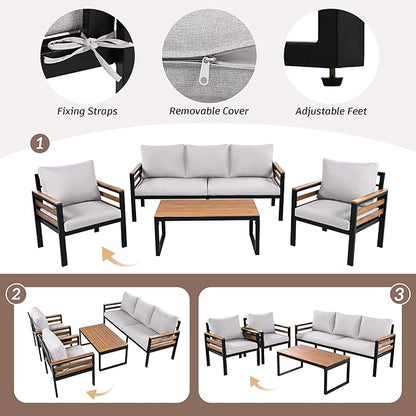 VilroCaz 4-Piece Outdoor Patio Furniture Sectional Sofa Set with Acacia Wood Armrests, All-Weather Conversation Set with Removable Cushion and Solid Wood Coffee Table for Garden Backyard (Beige-TH)