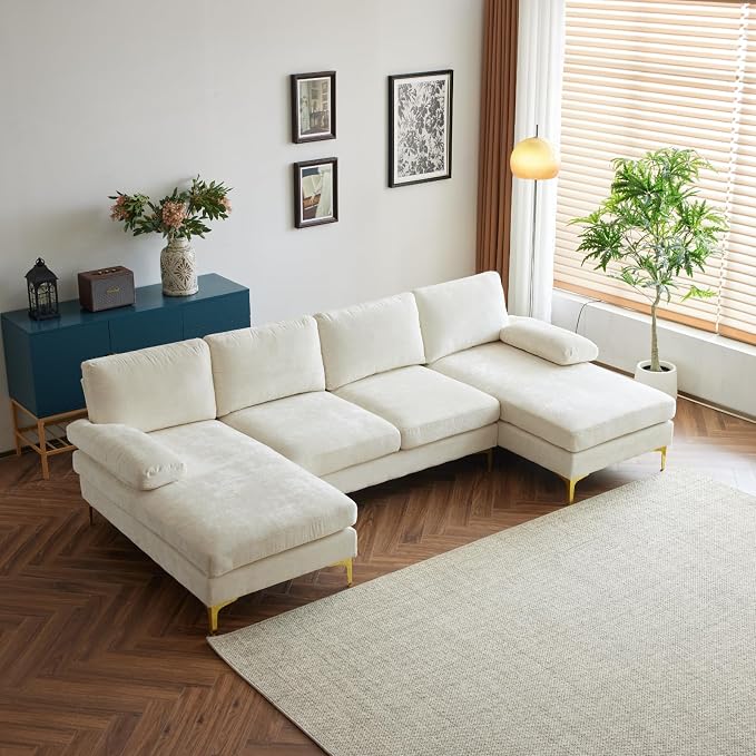 Karl home Convertible Sectional Sofa 110" U-Shape Sofa Couch 4-Seat Couch with Chaise ChenilleFabric Upholstered for Living Room, Apartment, Office, Creamy White