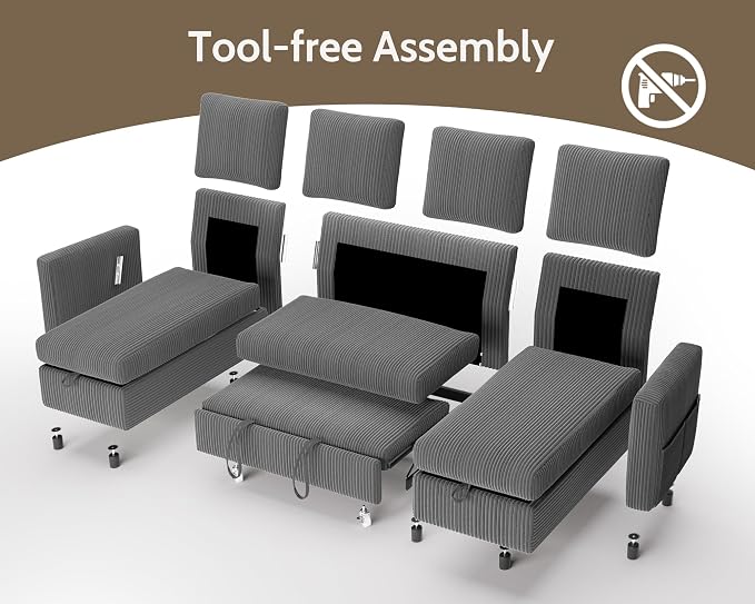 WEUP 106" U Shaped Sectional Sleeper Sofa Bed with Pull Out Bed, Sectional Sleeper Couch Pull Out Couch with Reclining Backrest/Reversible Storage Chaise/USB Ports/Tool-Free Assembly, Corduroy Grey
