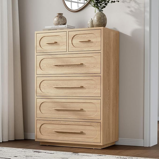 6 Drawer Dresser for Bedroom, 44" Tall Modern Chest of Drawers with Solid Wood Handle, Large Wood Storage Dresser Organizer for Bedroom, Living Room, Natural Oak