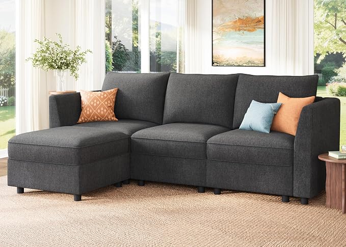 HONBAY Modular Sectional Sofa with Storage L Shaped Sectional Sofa, Convertible Couches for Living Room - Snowflake Velvet Grey