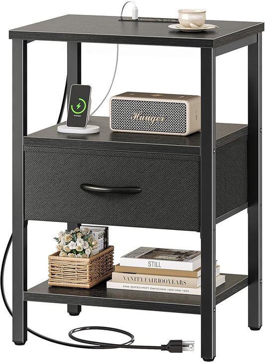 SUPERJARE Nightstand with Charging Station, Bed Side Table with Adjustable Fabric Drawer, Night Stand for Bedroom, 3-Tier Storage End Table, for Living Room, Black