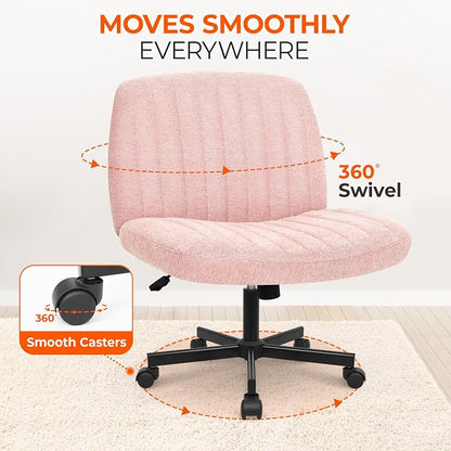 Orange Factory Criss Cross Chair Wheels Wide Cross Legged Office Desk Vanity Chair Comfy Fabric Armless Adjustable Swivel for Home Computer Task (Pink Wheel, Fabric)