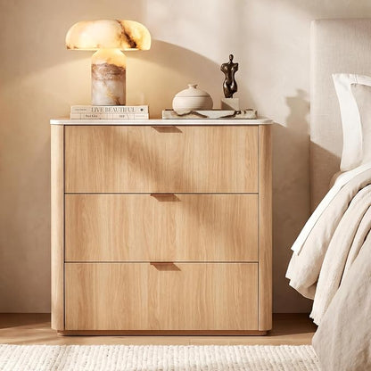 ModernMate 3 Drawer Dresser with Curved Profile & Faux Travertine Texture, 31.5" Large Nightstand Anti-Tip Chest of Drawers for Bedroom, Living Room, Natural Oak