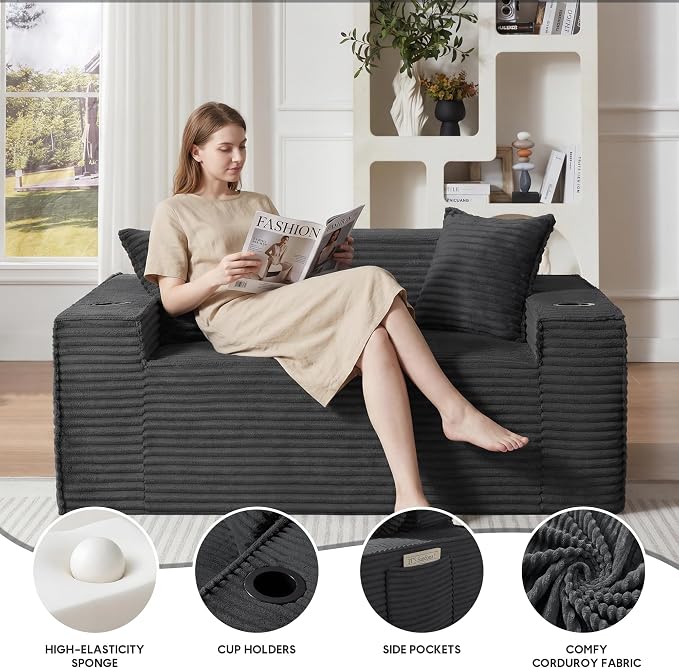 Boneless Sectional Sofa Couch with Cup Holders & Side Pockets, Modern Corduroy Fabric Deep Seat Loveseat Cloud Couch for Living Room Office, No Assembly (Grey)