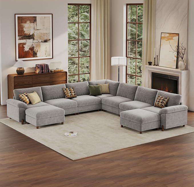 SITJOY Large Cloud Couch, 138" Wide 7 Seater V Shape, Light Gray Chenille | Detachable and Washable Chenille Cover Sectional Sofas for Living Room, Deep Seat Wide Couch with Chaise, Storage Ottoman