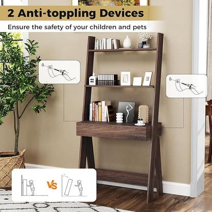 Tangkula Ladder Desk with Countertop & Drawer, Home Office Computer Laptop Table with Open Shelves & Anti-Tip Kits, Wall-Leaning Compact Working Station for Small Spaces (Walnut)