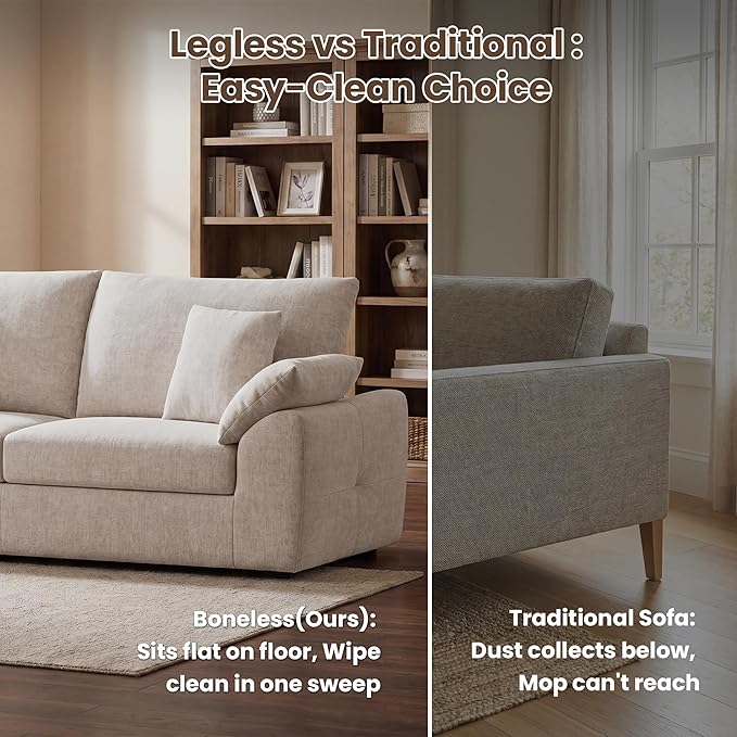 90" Boneless Loveseat Sofa, Polyester Fabric 2-Seater Couch with 4 Pillows, No Assembly Required, Soft High Density Foam Cushion, Rectangular Track Arm Sofa for Living Room Bedroom Apartment (Camel)