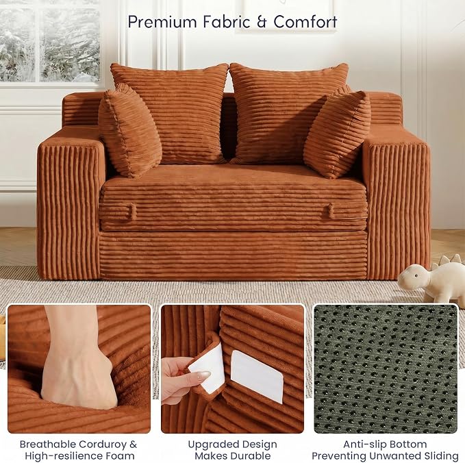 cidludto Convertible Sofa Bed, Boneless Couch 2 in 1 Loveseat Folding Couch Bed Foldable, Chair Bed & Futon Sofa Bed, Small Corduroy Pull Out Sofa with 4 Pillows for Living Room, Orange