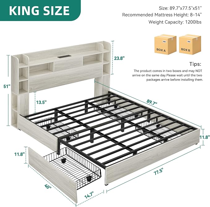 DWVO King Size Bed Frame with Tall Bookcase Headboard and 4 Storage Drawers, RGB LED Bed Frame with Type-C & USB Charging Station Storage Headboard Bed, No Box Spring Needed, Noise Free, Antique White