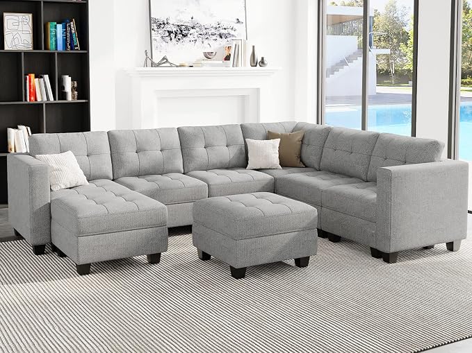 Belffin Modular Sectional Sofa with Storage Ottoman Oversized U Shaped Sofa Set Modular Sofa with Reversible Chaises Modern Fabric Light Grey