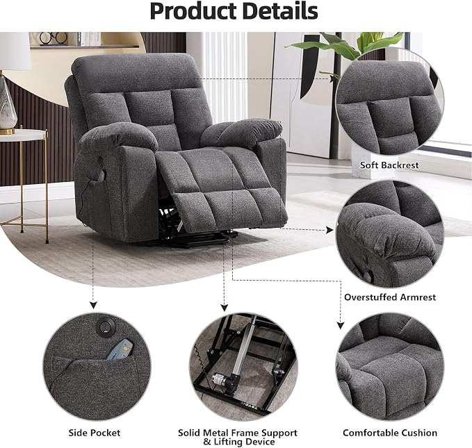CANMOV Large Power Lift Recliner Chair with Massage and Heat for Elderly Big and Tall People, Overstuffed Wide Recliners with 2 Cup Holders, Side Pocket and USB Port, Dark Grey