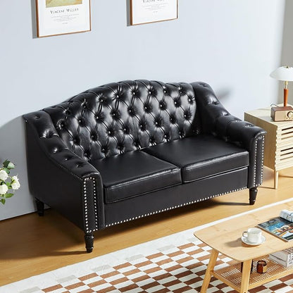 LEVNARY Chesterfield Loveseat Leather, Upholstered Sofa with Button-Tufted Back, Mid-Century Modern Sofa with Solid Wood Legs, 2 Seater Couches for Living Room (Black)
