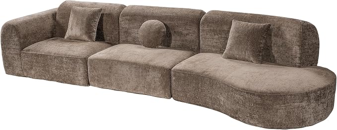 Merax 3-Piece 140" Curved Sectional Sofa Set, 4 Seat L-Shaped Modular Modern Cloud Couch with Chaise Lounge, 3 Pillows, Fully Assembled High-Density Compressed Sponge for Living Room, Brown