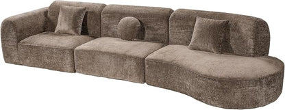 Merax 3-Piece 140" Curved Sectional Sofa Set, 4 Seat L-Shaped Modular Modern Cloud Couch with Chaise Lounge, 3 Pillows, Fully Assembled High-Density Compressed Sponge for Living Room, Brown