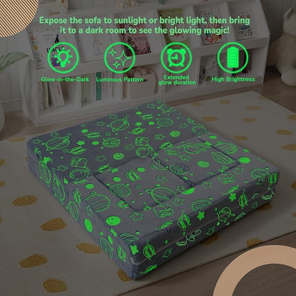 MeMoreCool Modular Kids Sofa, Glow in The Dark Space Kids Play Couch Sofa, Blue Fold-Out Foam Lounger Chair for Girls and Boys, Bedroom and Playroom