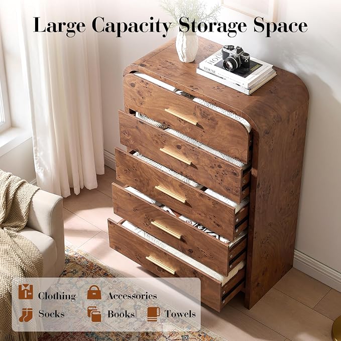 Curved 5 Drawer Dresser for Bedroom, 31'' Wide Chest of Drawers, Modern Storage Cabinet for Hallway & Living Room TV Stand, FSC Certified 1.18" Thick Board, 100 lbs Top Weight, Dark Burl