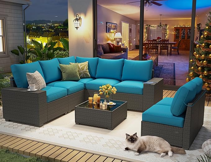8 Piece Outdoor Patio Furniture Set, Outdoor Sectional Furniture, Rattan & Wicker Modern Modular Conversation Set Sofa Couch W/Water Resistant Washable Thick Cushions and Coffee Table, Peacockblue
