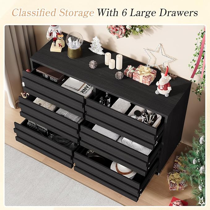 LUXOAK 2 Pcs Bedroom Furniture Sets - Includes 1 X Farmhouse 6 Drawers Dresser, 1X Farmhouse Full Size Bed Frame with 49" Tall Headboard, Wooden Platform Bed with Hidden Metal Bed Frame, Black