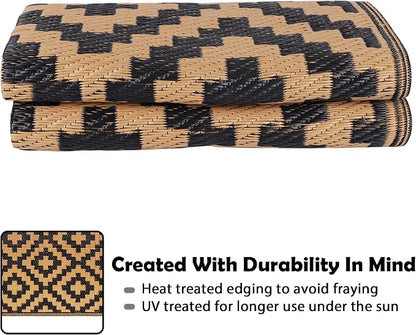 SAND MINE Waterproof Outdoor Rug 4x6 ft, Plastic Straw Area Rug, Large Floor Mat for Outdoors, RV, Patio, Backyard, Deck, Picnic, Beach, Trailer, Camping, Black & Brown Lattice