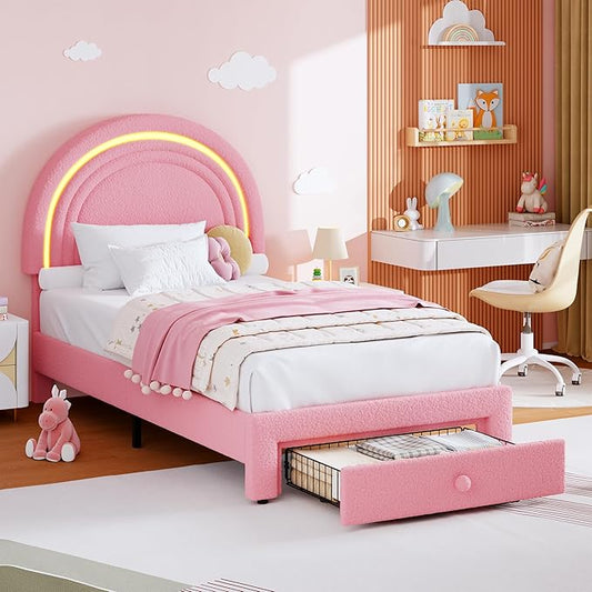 GarveeHome Twin Upholstered LED Bed Frame - with Storage Drawer and Rainbow Headboard, Berber Fleece Princess Platform Bed for Kids, Solid Wood Slats Support, No Box Spring Needed, Easy Assembly, Pink