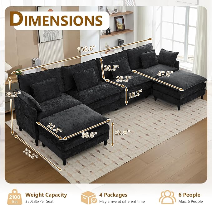 150.6" Chenille Modular Sectional Sofa, Convertible U Shaped Modular Sofa Comfy Cloud Couch with Ottoman, Side Pockets and 6 Throw Pillows for Living Room Black, 6 Seats
