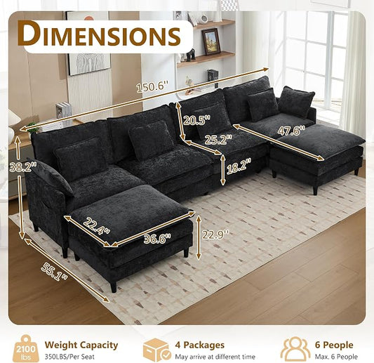 150.6" Chenille Modular Sectional Sofa, Convertible U Shaped Modular Sofa Comfy Cloud Couch with Ottoman, Side Pockets and 6 Throw Pillows for Living Room Black, 6 Seats